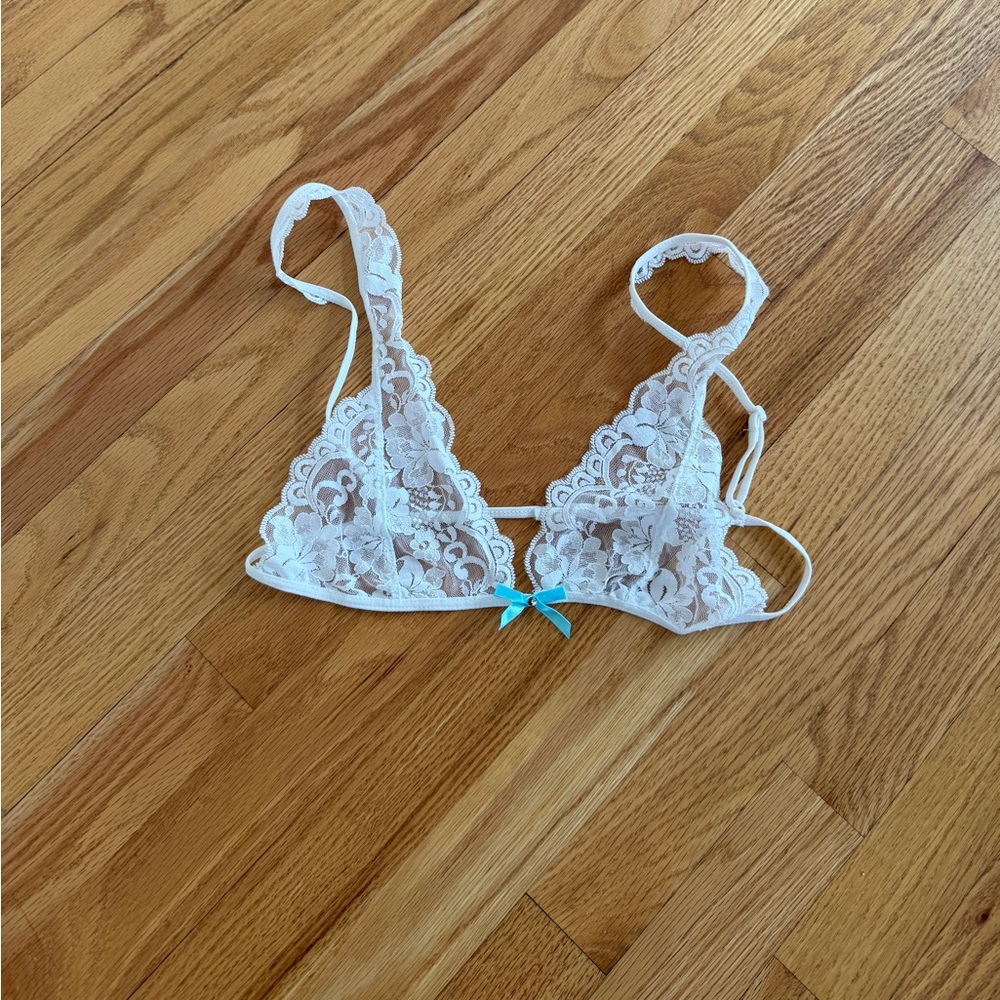White lace bra with Tiffany blue bow delicate sexy